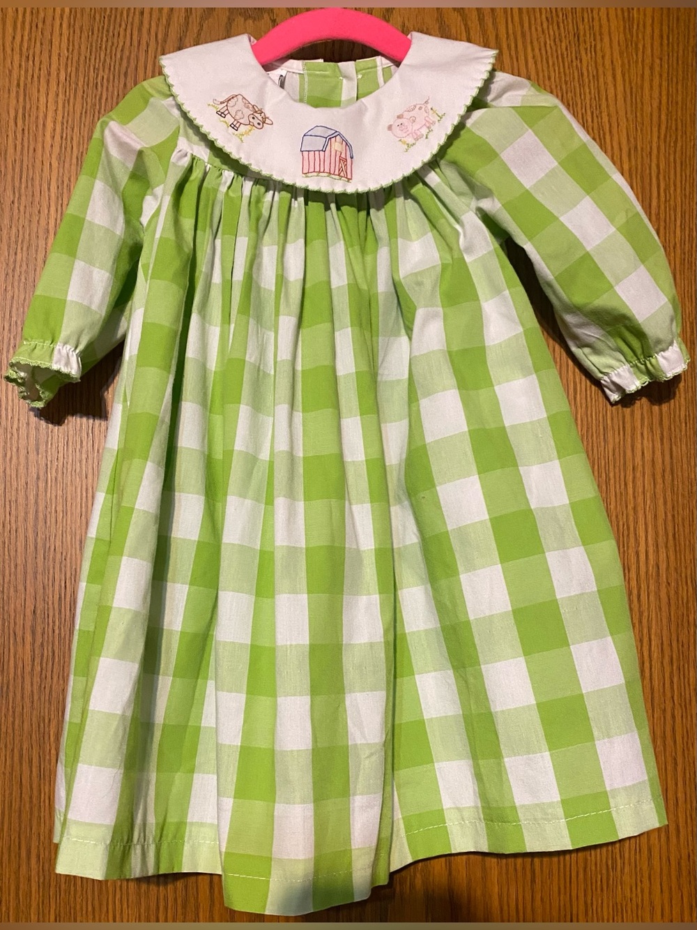 Bailey Boys Green and White Gingham Dress with White Embroidered Collar.
